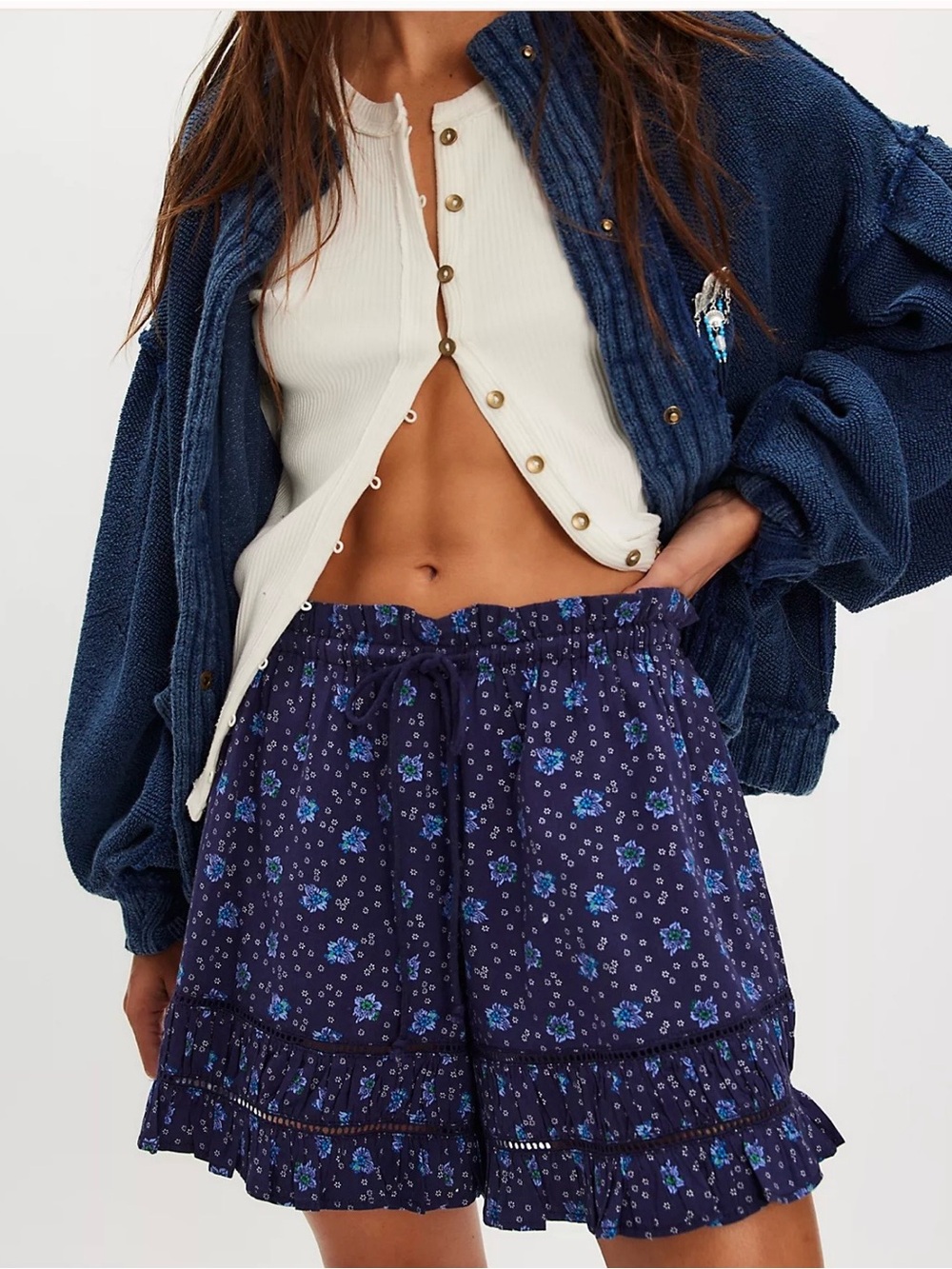 NWT Free People Cambridge Pull On Printed Shorts in Navy Combo Size Small